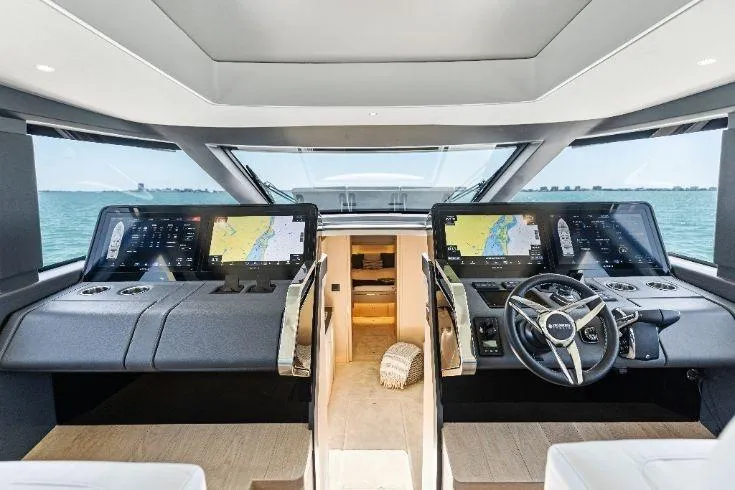  Yacht Photos Pics 2026 Scout 670 LXS boat interior with dual navigation screens and modern steering wheel.