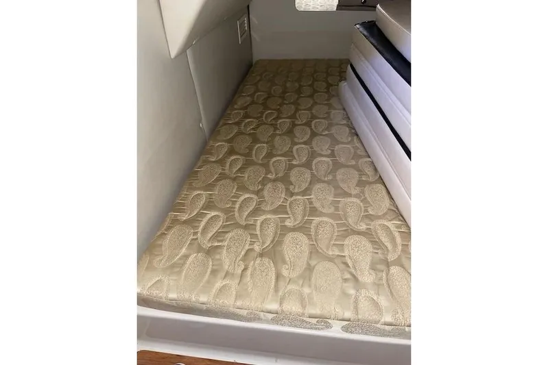Seahorse Yacht Photos Pics 2007 Chaparral 330 Signature cabin interior with patterned beige mattress.
