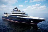 Luxurious custom yacht on open sea, 2026 model, with helicopter on deck.