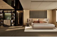 Modern bedroom with minimalist design, featuring a cozy bed and stylish shelving, 2026.