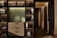Modern interior with custom shelving, ambient lighting, and minimalist decor, 2026 design.
