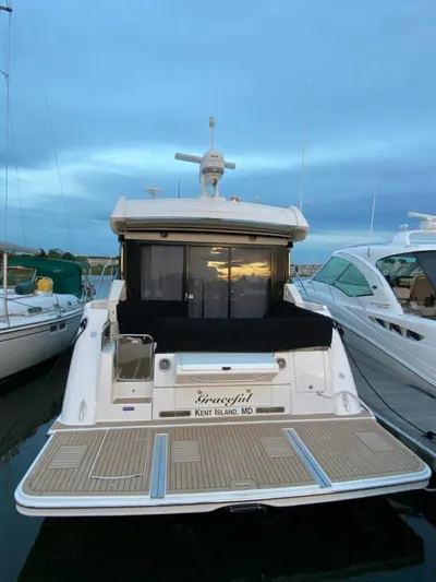 Graceful Yacht Photos Pics 2017 Sea Ray Sundancer 460 docked at sunset, rear view.