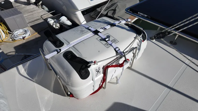 Tut Yacht Photos Pics Liferaft secured on Leopard 42 Sail 2025 deck.