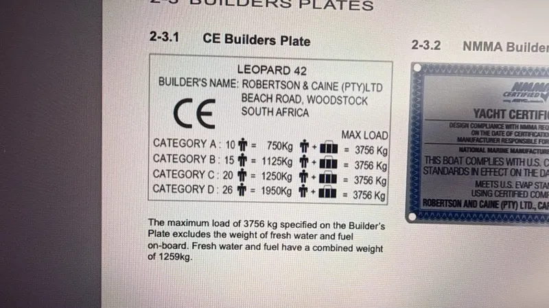 Tut Yacht Photos Pics CE and NMMA builder plates for Leopard 42 sailboat, year 2025.