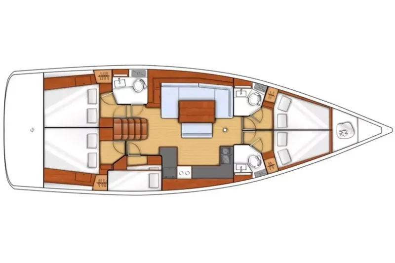  Yacht Photos Pics Floor plan of a 2018 Beneteau Oceanis 48 sailboat, featuring cabins and living areas.