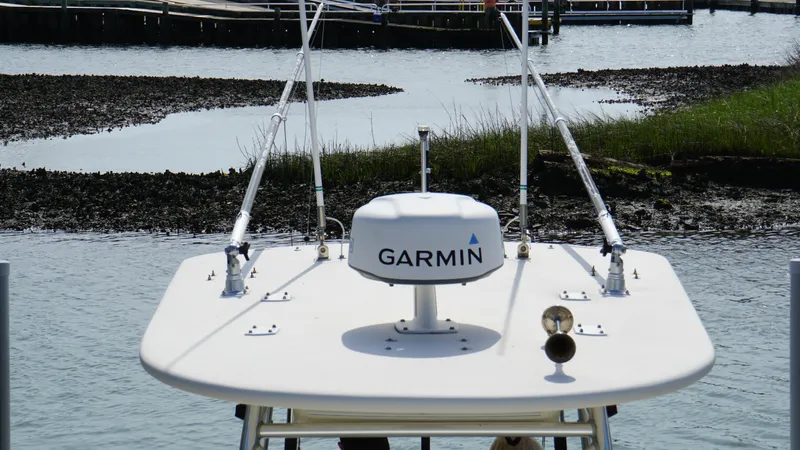  Yacht Photos Pics 2016 Strike 35 boat with Garmin radar on calm water.