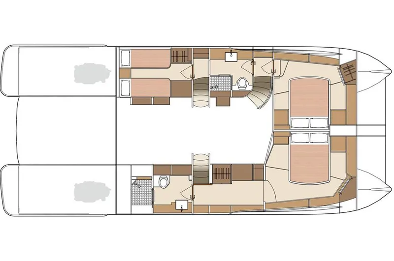 Mystic Soul Yacht Photos Pics Floor plan of a 2019 Horizon PC52 catamaran, showcasing cabin and bathroom layout.