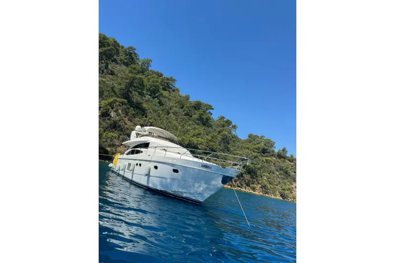  Yacht Photos Pics Luxury Princess 21M yacht anchored near lush green coastline, 2007 model.