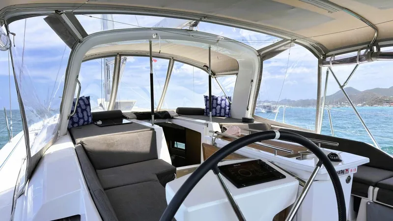 Batesea Yacht Photos Pics 2020 Beneteau Oceanis 46.1 yacht cockpit with modern design and ocean view.