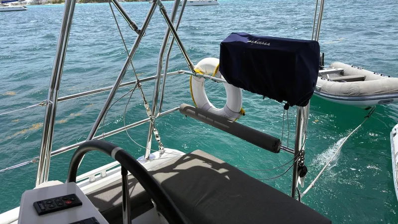 Batesea Yacht Photos Pics Beneteau Oceanis 46.1 yacht deck with steering wheel and ocean view, 2020 model.