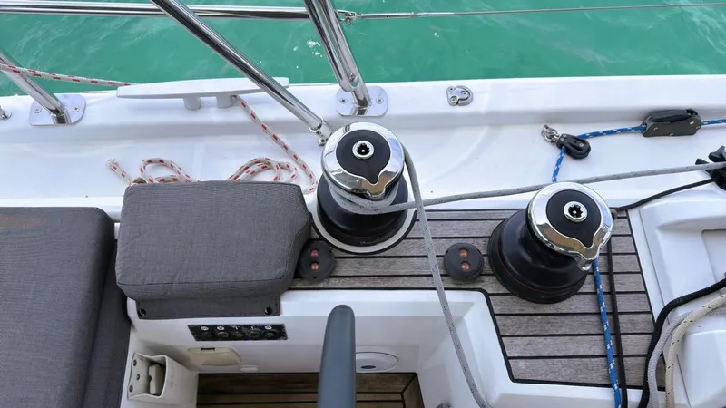 Batesea Yacht Photos Pics Deck view of 2020 Beneteau Oceanis 46.1 sailboat with winches and ropes.