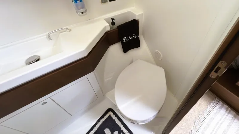 Batesea Yacht Photos Pics 2020 Beneteau Oceanis 46.1 yacht bathroom with modern fixtures and compact design.