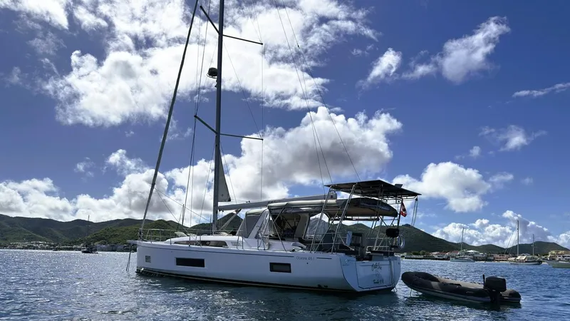 Batesea Yacht Photos Pics 2020 Beneteau Oceanis 46.1 sailboat anchored in scenic bay under blue sky.