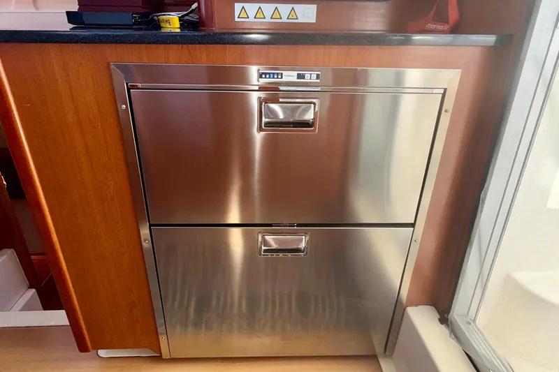  Yacht Photos Pics Stainless steel double-drawer fridge in 2012 Leopard 39 yacht interior.