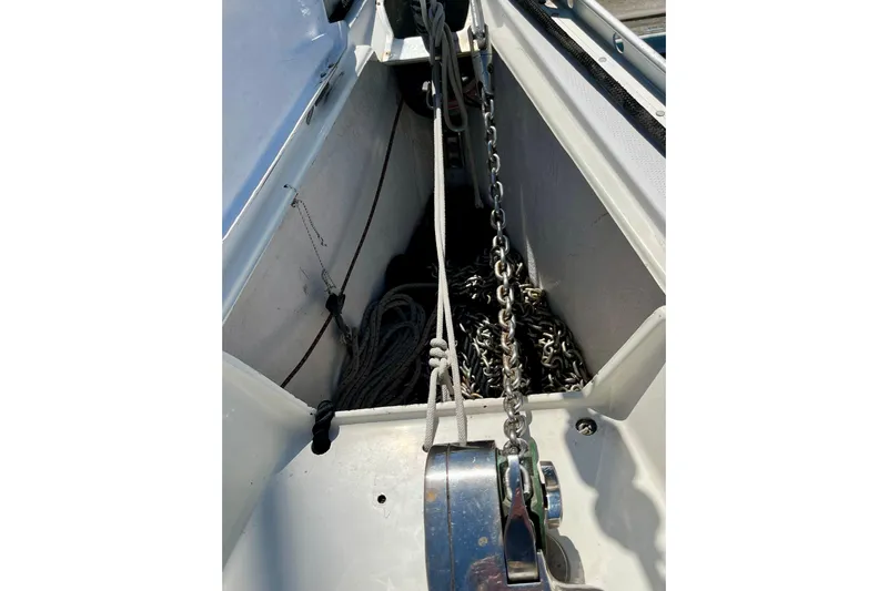 Marianne Yacht Photos Pics Anchor chain and ropes in a 1991 Beneteau First 38s5 sailboat compartment.