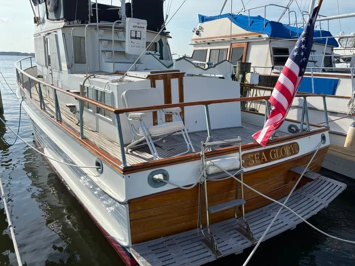  Yacht Photos Pics 1986 Grand Banks 36 Classic yacht "Sea Glory" docked with American flag.
