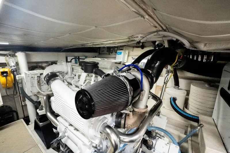  Yacht Photos Pics Engine room of 2009 Ferretti Yachts 470, showcasing advanced marine engineering and components.