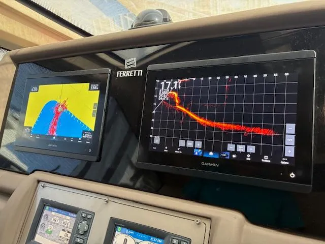  Yacht Photos Pics Ferretti Yachts 470 (2009) dashboard with Garmin navigation displays.