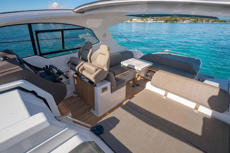 Relax Josephine Yacht Photos Pics Luxurious 2022 Azimut Atlantis 45 yacht interior with plush seating and ocean view.