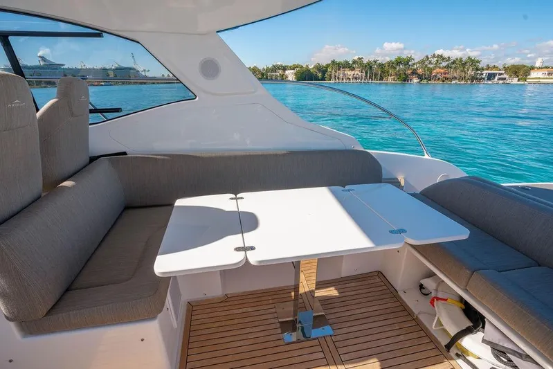Relax Josephine Yacht Photos Pics Luxurious seating area on 2022 Azimut Atlantis 45 yacht with scenic ocean view.