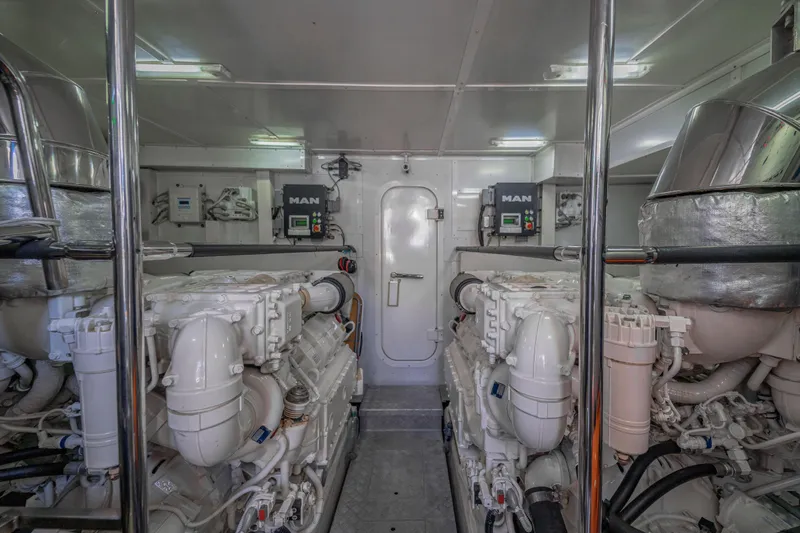 Mcy 70 Hk Yacht Photos Pics Engine room of 2014 Monte Carlo Yachts MCY 70, featuring dual MAN engines.