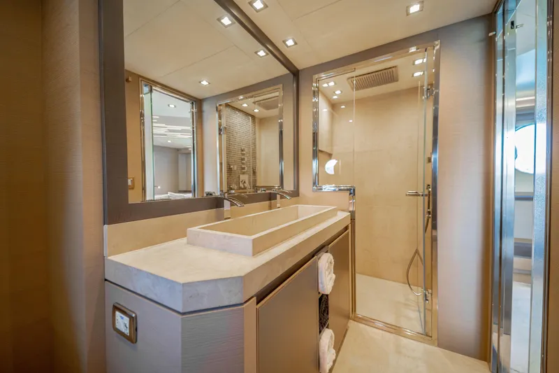 Mcy 70 Hk Yacht Photos Pics Luxurious bathroom in 2014 Monte Carlo Yachts MCY 70, featuring modern fixtures and elegant design.