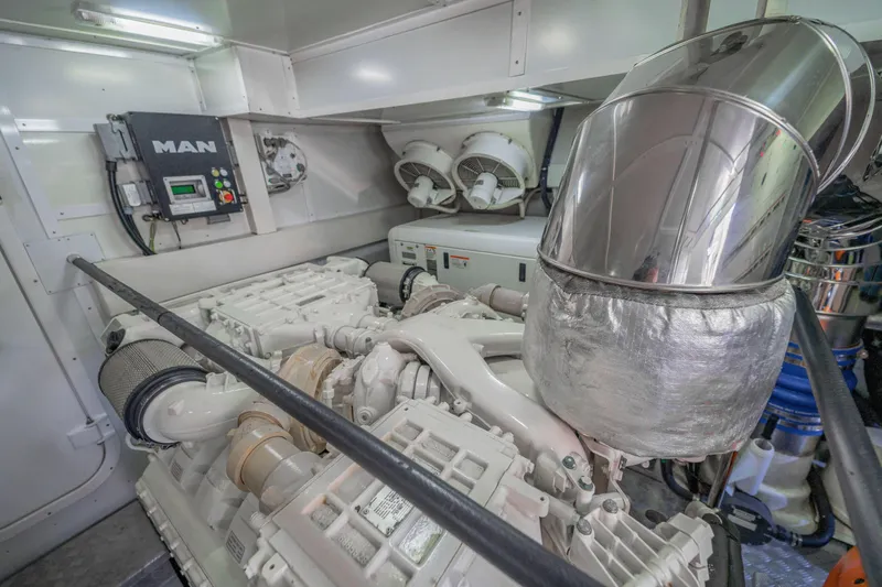 Mcy 70 Hk Yacht Photos Pics Engine room of 2014 Monte Carlo Yachts MCY 70 with MAN engine components.