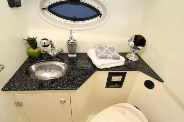  Yacht Photos Pics Luxurious bathroom in 2017 Monterey 295 Sport Yacht with sleek countertop and modern fixtures.