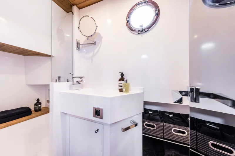 Mazu 42 Yacht Photos Pics Luxurious bathroom interior of 2025 Mazu Yachts 42, featuring modern fixtures and elegant design.