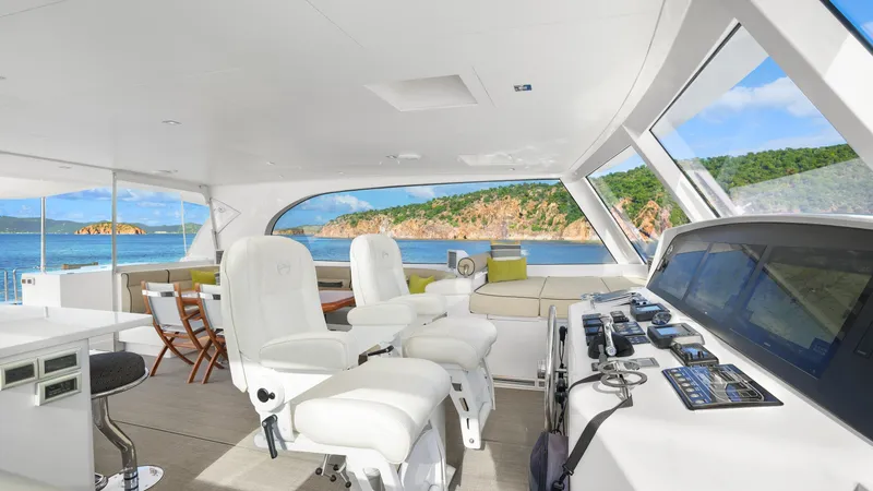 Sea Glass Yacht Photos Pics Luxurious 2018 Horizon PC74 yacht interior with scenic ocean view.