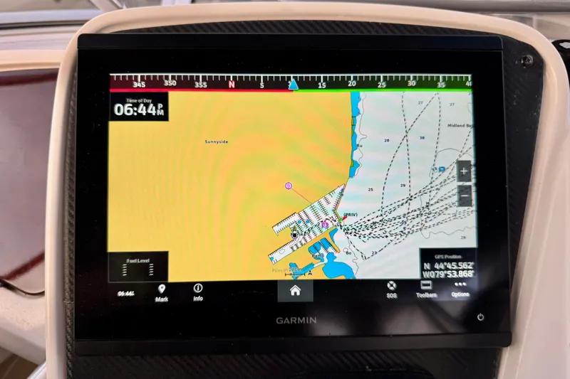 Shake N' Bake Yacht Photos Pics Garmin GPS display on 2006 Meridian Motoryacht, showing Sunnyside area map.