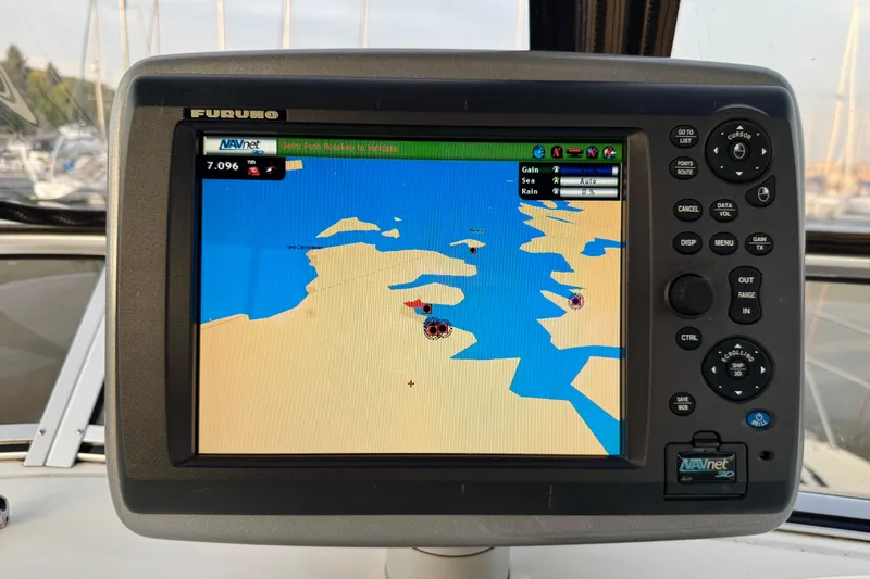 Shake N' Bake Yacht Photos Pics Navigation system on a 2006 Meridian Motoryacht displaying a digital map.