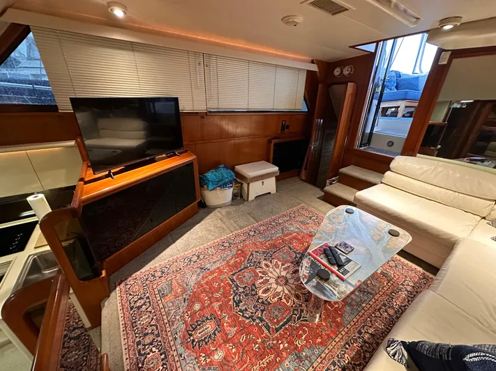 Sea Suite Yacht Photos Pics Interior of 1989 Viking 44 Motor Yacht with TV, sofa, and decorative rug.