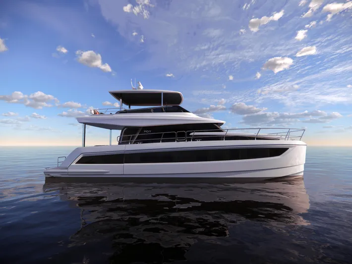 Clinique Bateau Yacht Photos Pics Futuristic YOT 53 yacht on calm sea under a vibrant sky, 2025 model.