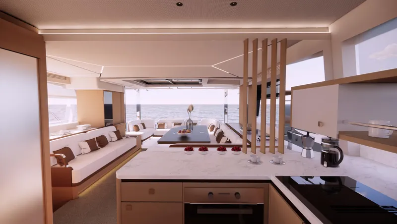 Clinique Bateau Yacht Photos Pics Luxurious interior of 2025 YOT 53 yacht with modern kitchen and ocean view.