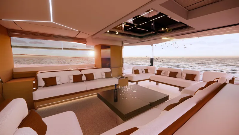 Clinique Bateau Yacht Photos Pics Luxurious YOT 53 yacht interior with ocean view, modern seating, and elegant decor, 2025 model.