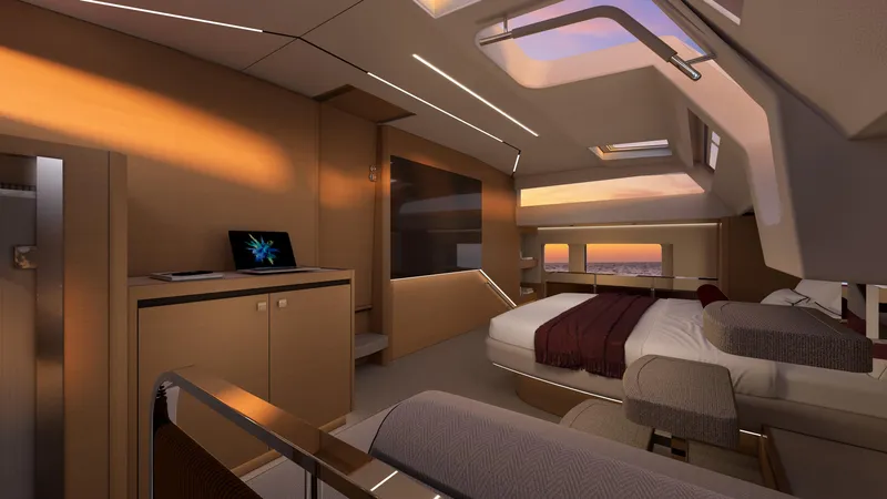 Clinique Bateau Yacht Photos Pics Luxurious interior of 2025 YOT 53 yacht with modern design and ocean view.