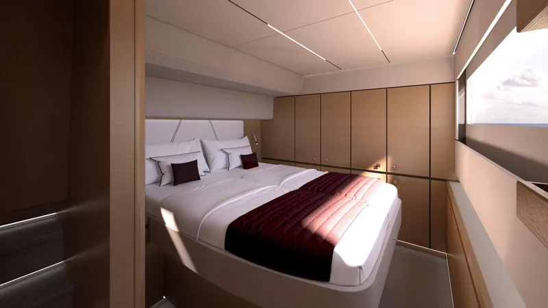 Clinique Bateau Yacht Photos Pics Luxurious bedroom interior of 2025 YOT 53 yacht with modern design and ocean view.