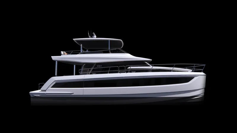 Clinique Bateau Yacht Photos Pics Futuristic YOT 53 yacht, 2025 model, sleek design on a black background.