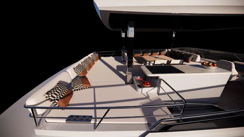 Clinique Bateau Yacht Photos Pics Luxurious 2025 YOT 53 yacht deck with modern seating and elegant dining area.