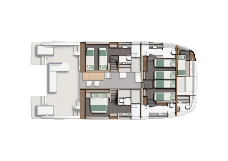 Clinique Bateau Yacht Photos Pics Floor plan of 2025 YOT 53 yacht, featuring multiple cabins and bathrooms.
