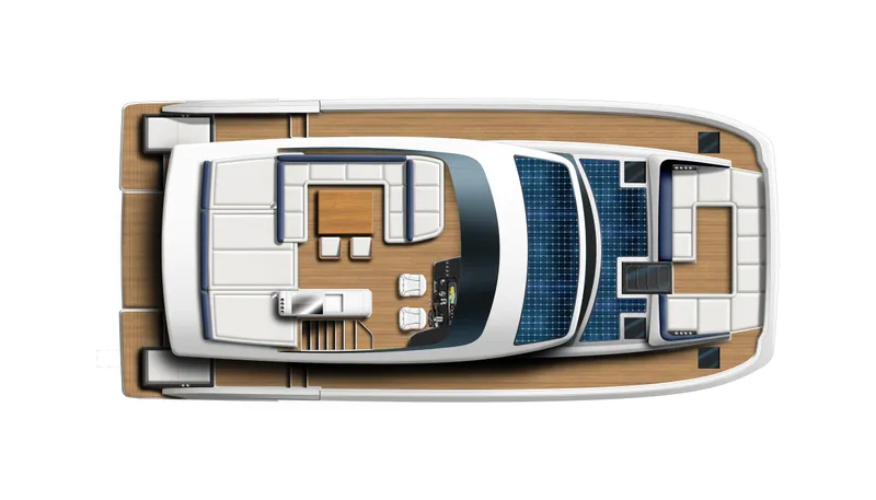 Clinique Bateau Yacht Photos Pics Top view of 2025 YOT 53 yacht with spacious deck and seating areas.