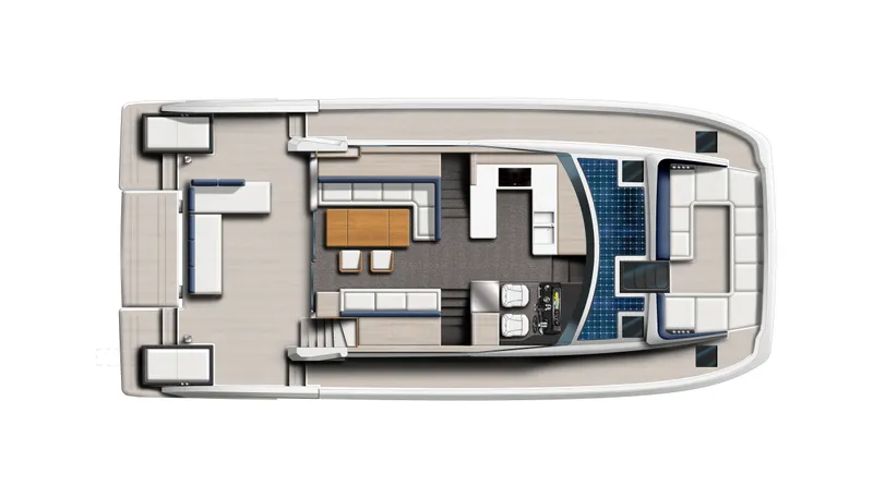 Clinique Bateau Yacht Photos Pics Top view of 2025 YOT 53 yacht interior layout, featuring spacious seating and modern amenities.