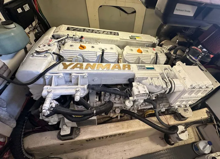 True Blue Yacht Photos Pics Yanmar engine in a 2005 Sabre 42 Express boat, detailed view.