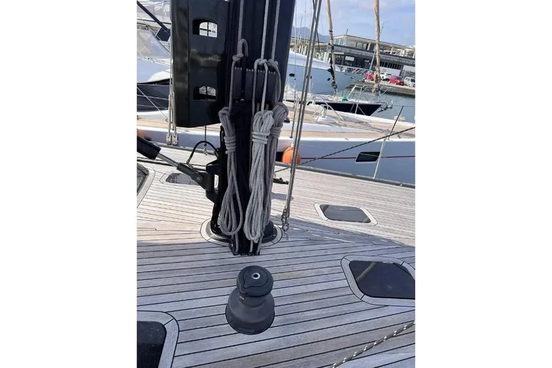SueÑo Yacht Photos Pics Deck of 2016 Ice Yachts 62 with rigging and winch in marina.