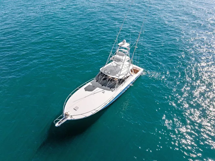 Hog Wild Yacht Photos Pics 2007 Viking 52 Open yacht cruising on clear blue water.