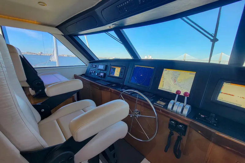 Prime Time Yacht Photos Pics Luxurious 2002 Viking 65 Enclosed Bridge yacht cockpit with advanced navigation systems.