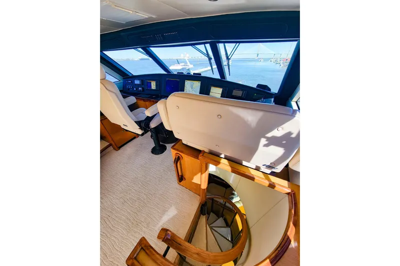 Prime Time Yacht Photos Pics Interior view of 2002 Viking 65 Enclosed Bridge yacht helm with navigation screens.