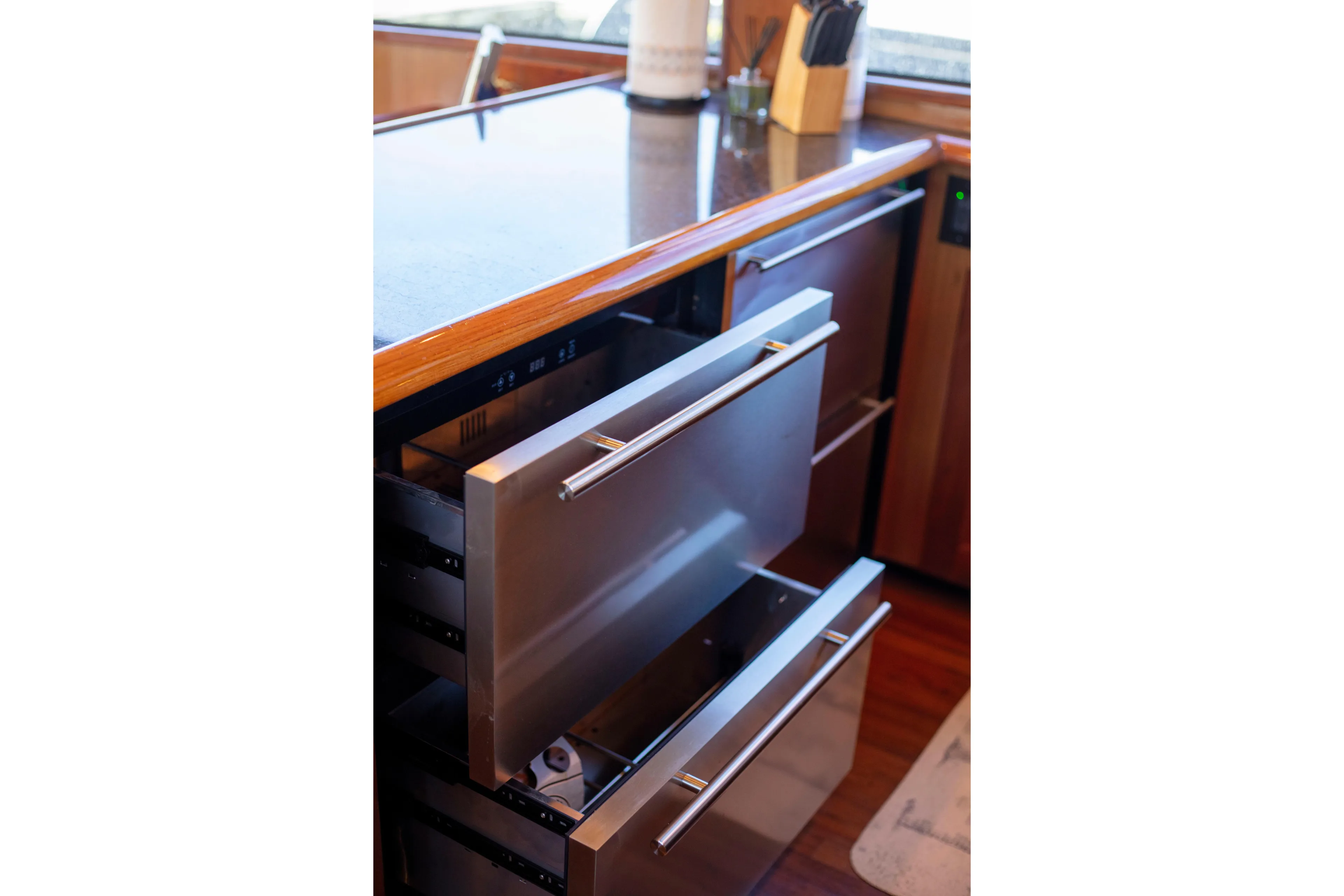 Prime Time Yacht Photos Pics Stainless steel drawers in 2002 Viking 65 Enclosed Bridge yacht kitchen.