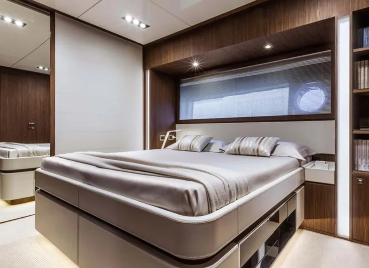  Yacht Photos Pics Luxurious bedroom interior on 2017 Riva 88' Domino Super yacht, featuring modern design and elegant furnishings.